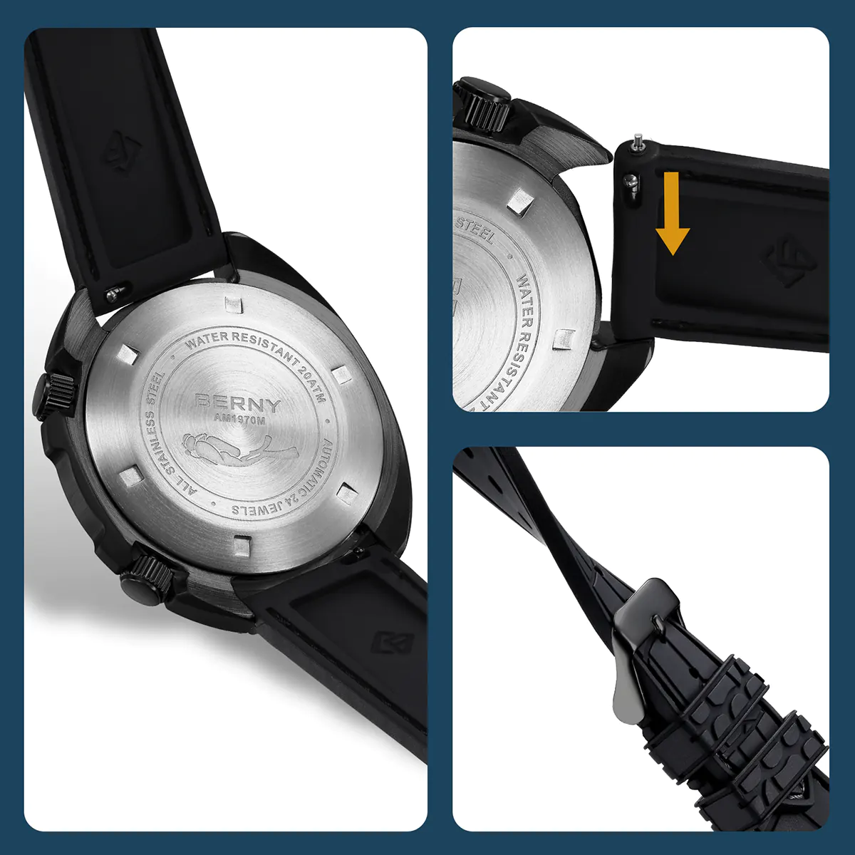BERNY-Men Automatic Compressor-style Diver Watch V2 -AM1970M-BLK - Image 6