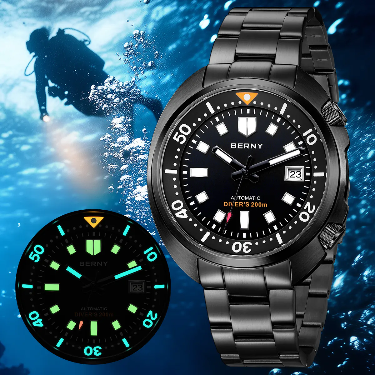 BERNY-Men Automatic Compressor-style Diver Watch V2 -AM1970MS-BLK - Image 2