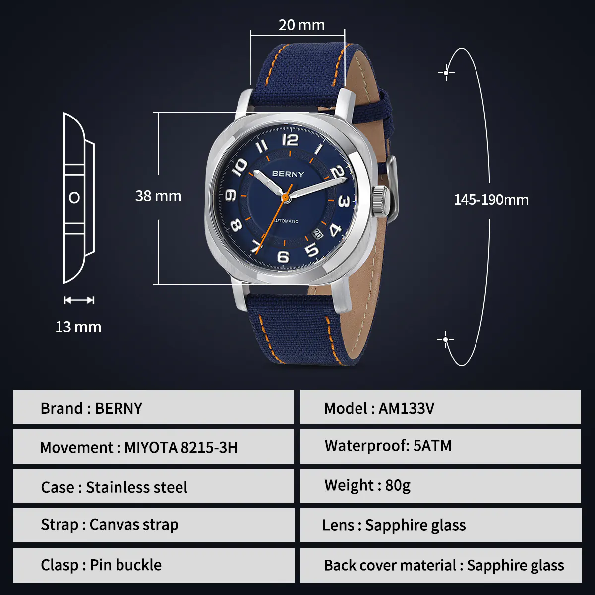 BERNY-Men Automatic Cushion Shaped Dress Watch-AM133V - Image 7