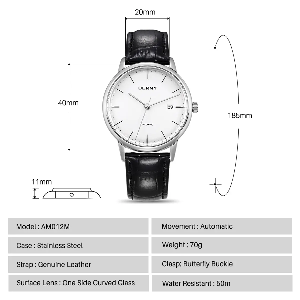 BERNY-Men Automatic Dress Watch-AM012M - Image 5