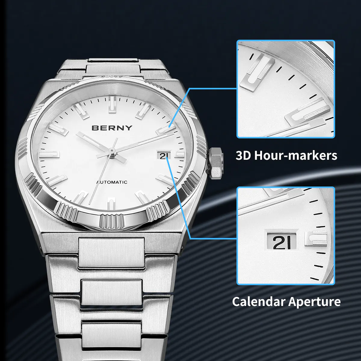 BERNY-Men Automatic Dress Watch- Interchangeable Bezel- AM141M - Image 4