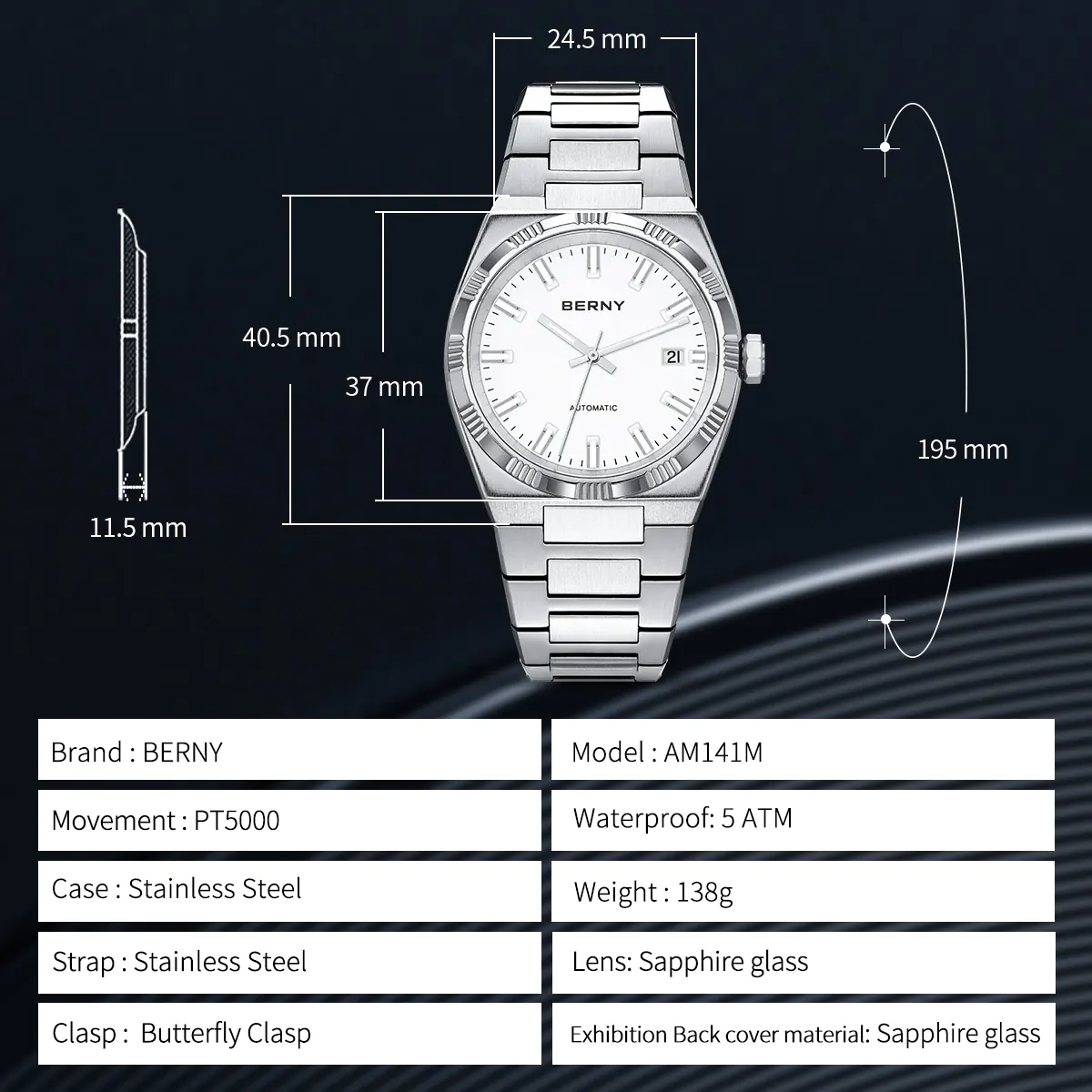 BERNY-Men Automatic Dress Watch- Interchangeable Bezel- AM141M - Image 7