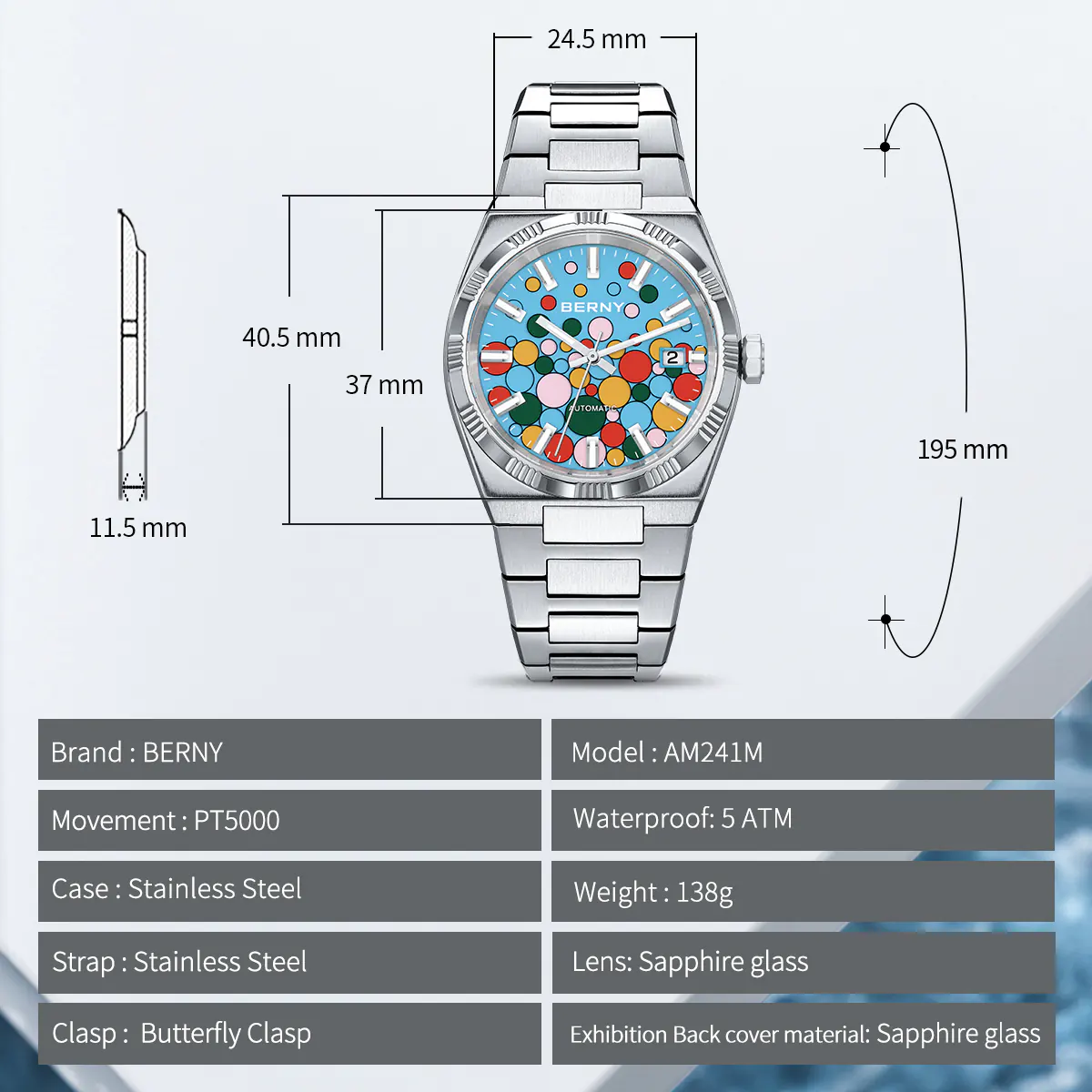 BERNY-Men Automatic Dress Watch- Interchangeable Bezel- AM241M - Image 9