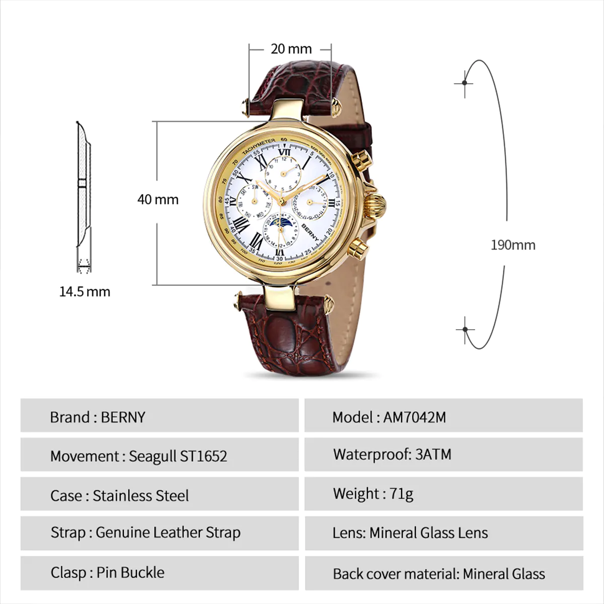 BERNY-Men Automatic Full Calendar Watch-AM7042M - Image 7