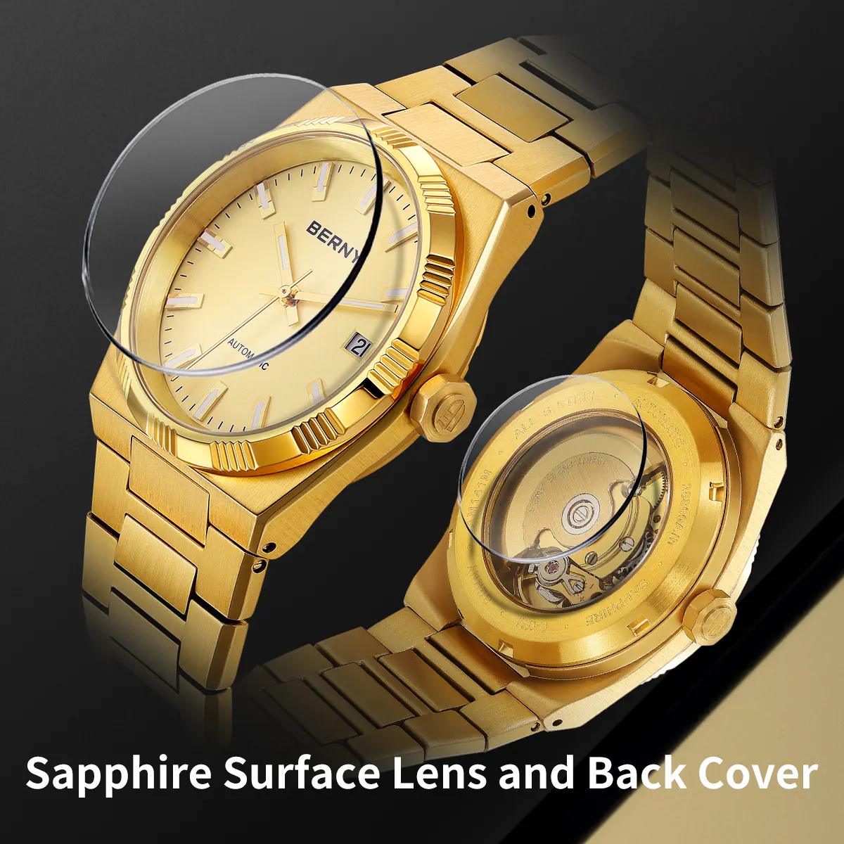 BERNY-Men Automatic Gold Dress Watch- Interchangeable Bezel- AM141M - Image 3