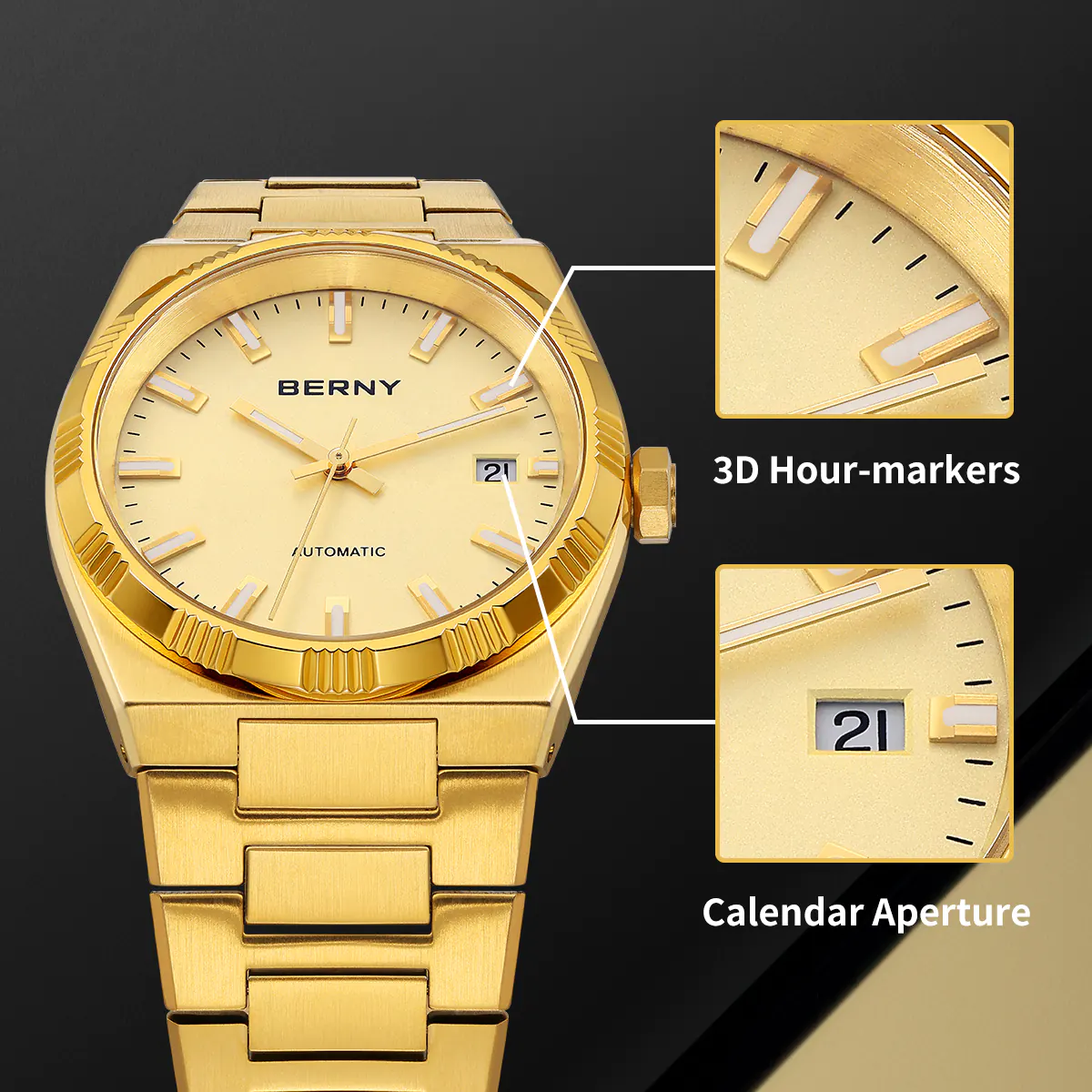 BERNY-Men Automatic Gold Dress Watch- Interchangeable Bezel- AM141M - Image 4