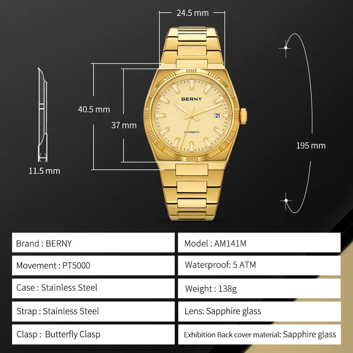BERNY-Men Automatic Gold Dress Watch- Interchangeable Bezel- AM141M - Image 7