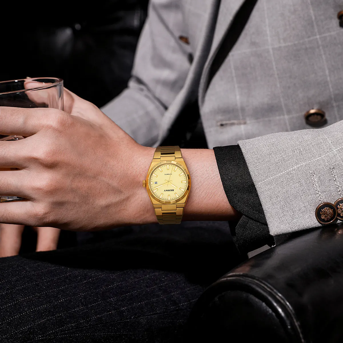 BERNY-Men Automatic Gold Dress Watch- Interchangeable Bezel- AM141M - Image 8