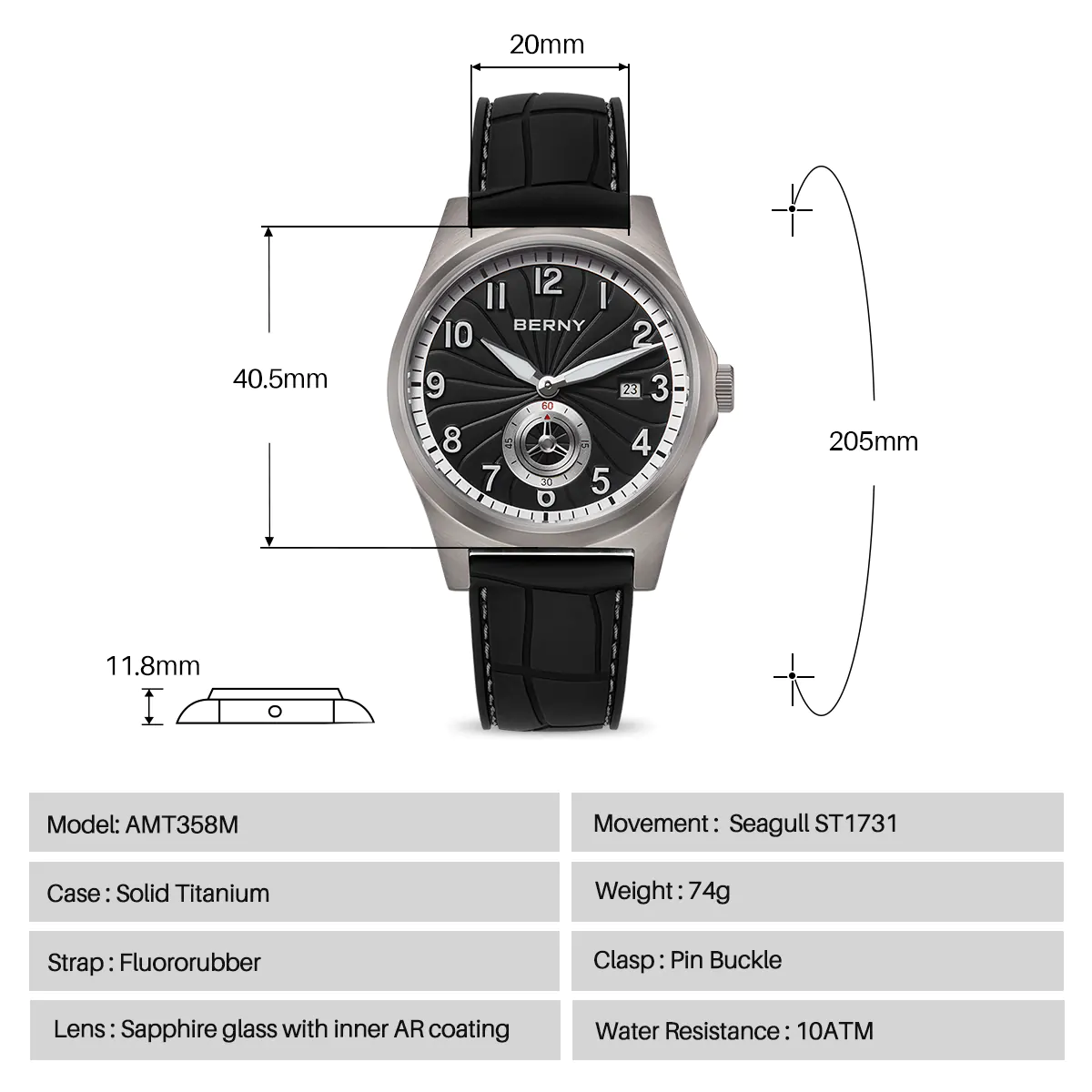 BERNY-Men Automatic Titanium Classic Watch-AMT358M - Image 8