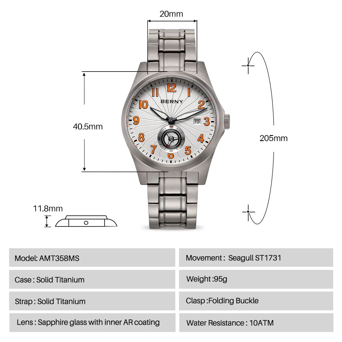 BERNY-Men Automatic Titanium Classic Watch-AMT358MS - Image 8