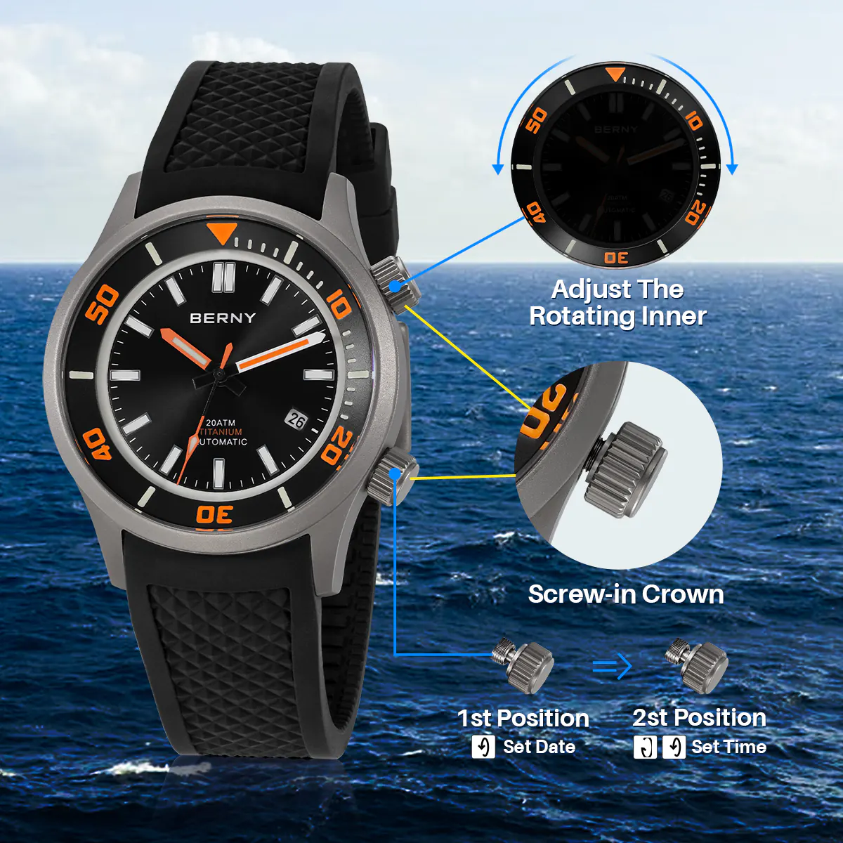 BERNY-Men Automatic Titanium Diver Watch-AMT149M - Image 7