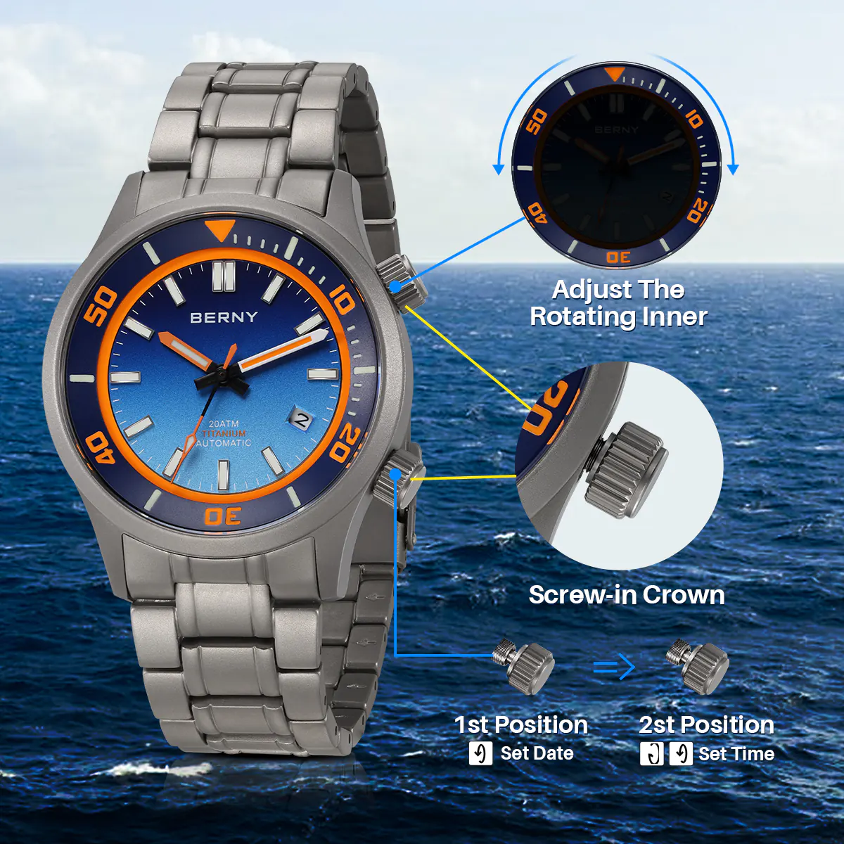BERNY-Men Automatic Titanium Diver Watch-AMT149MS - Image 7