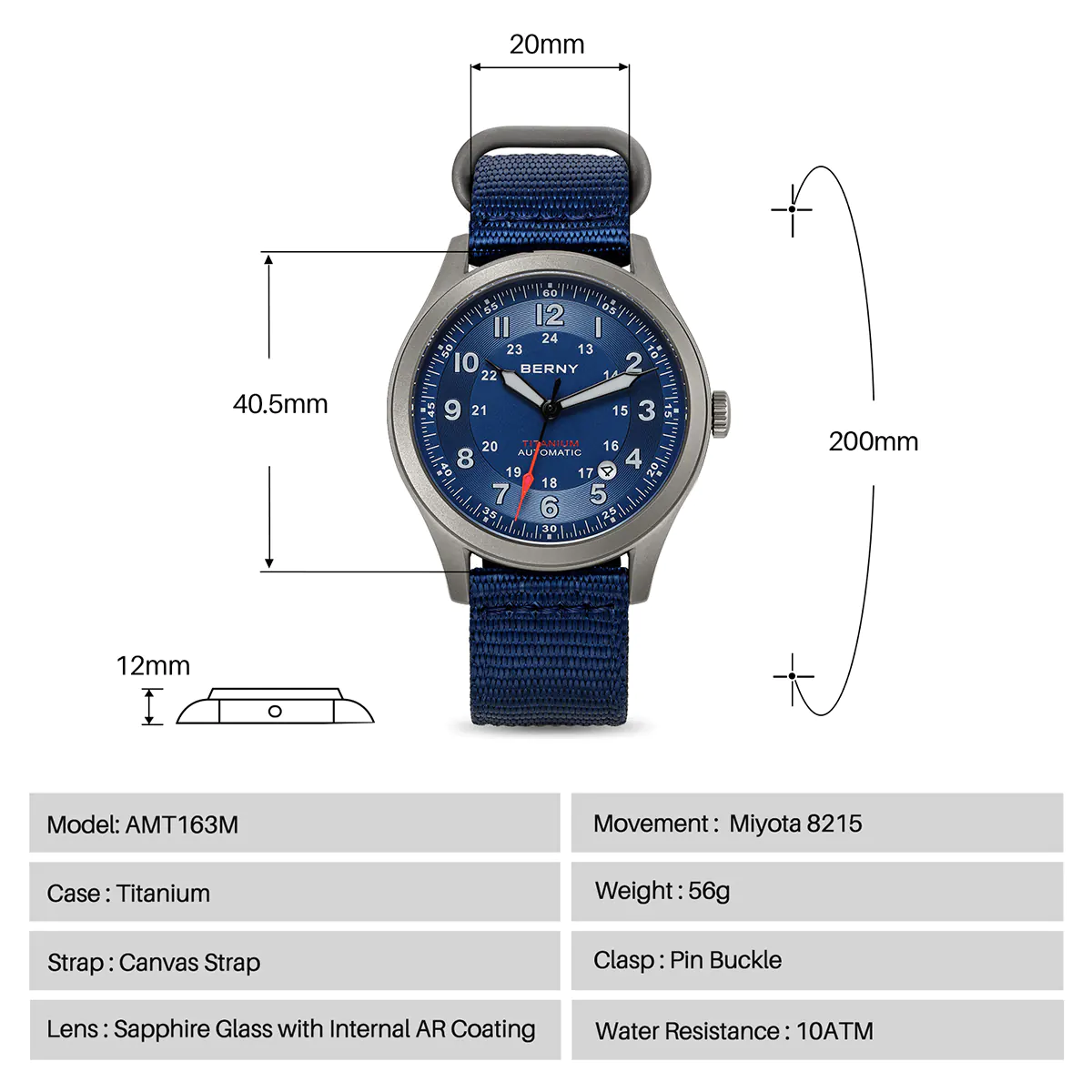 BERNY-Men Automatic Titanium Field Watch-AMT163M - Image 9