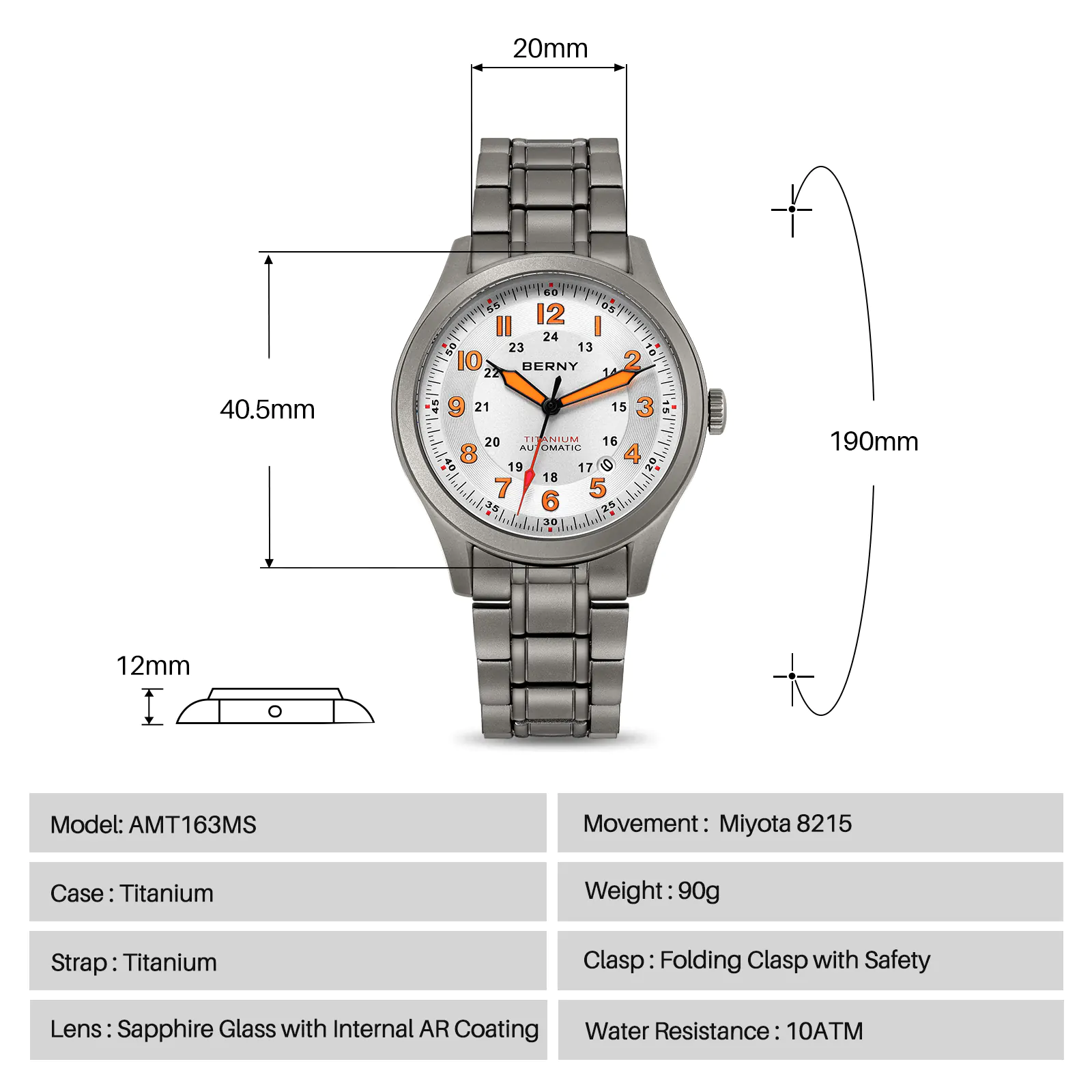 BERNY-Men Automatic Titanium Field Watch-AMT163MS - Image 9