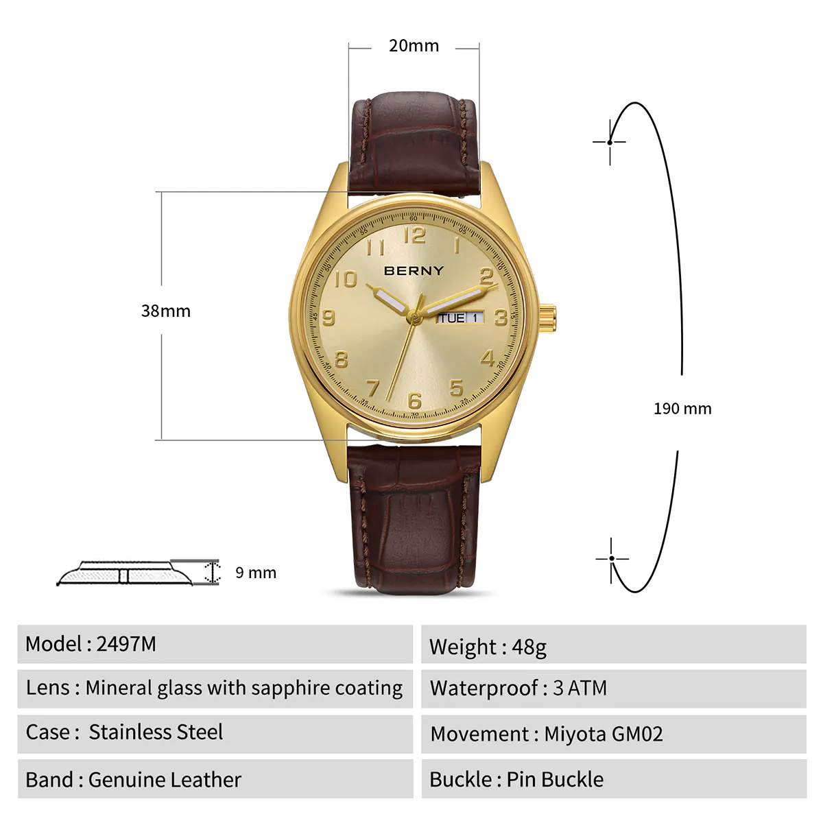 BERNY-Men Quartz Dress Watch-2497M - Image 6