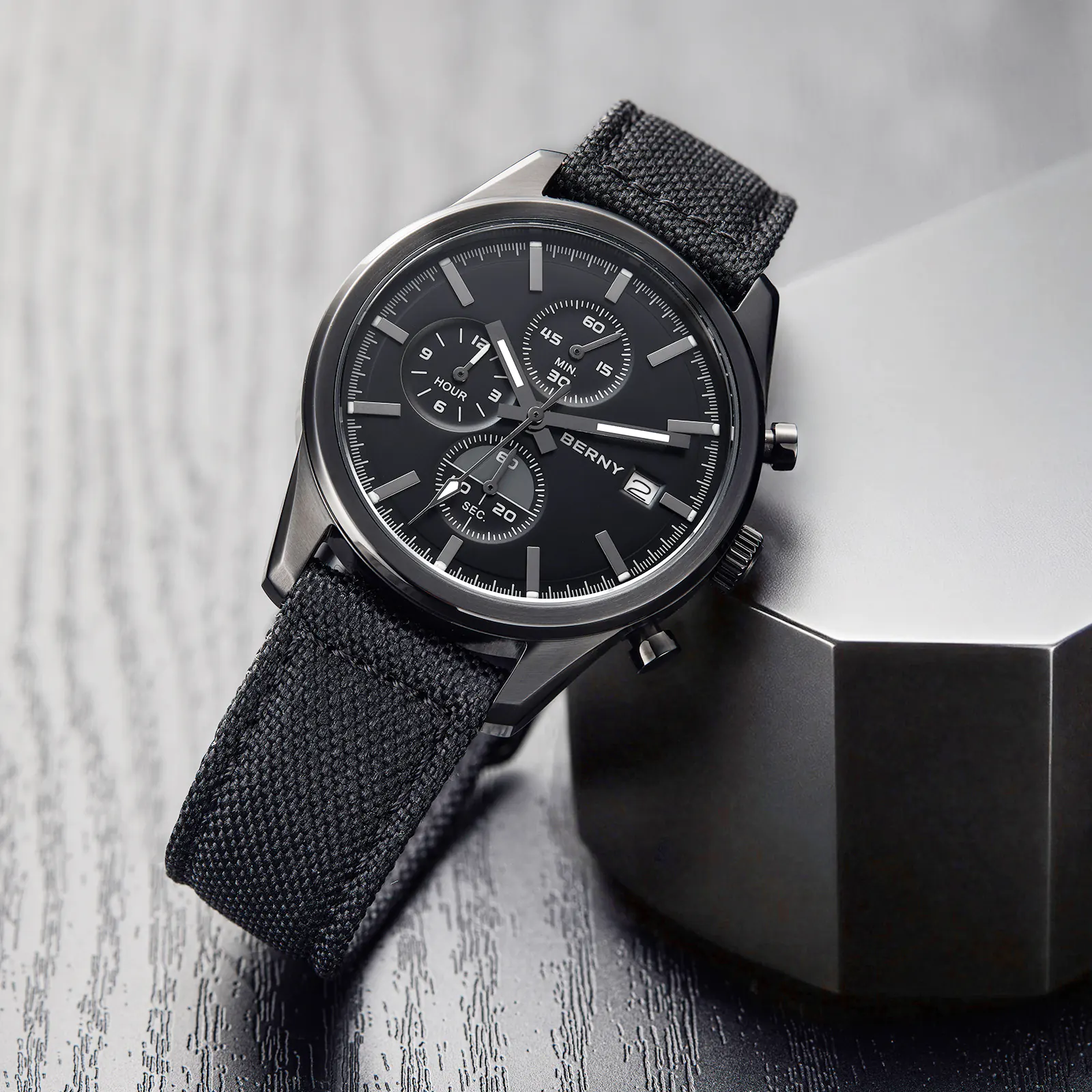 BERNY-Men Quartz Black Chronograph Watch-2826M-BLK - Image 10