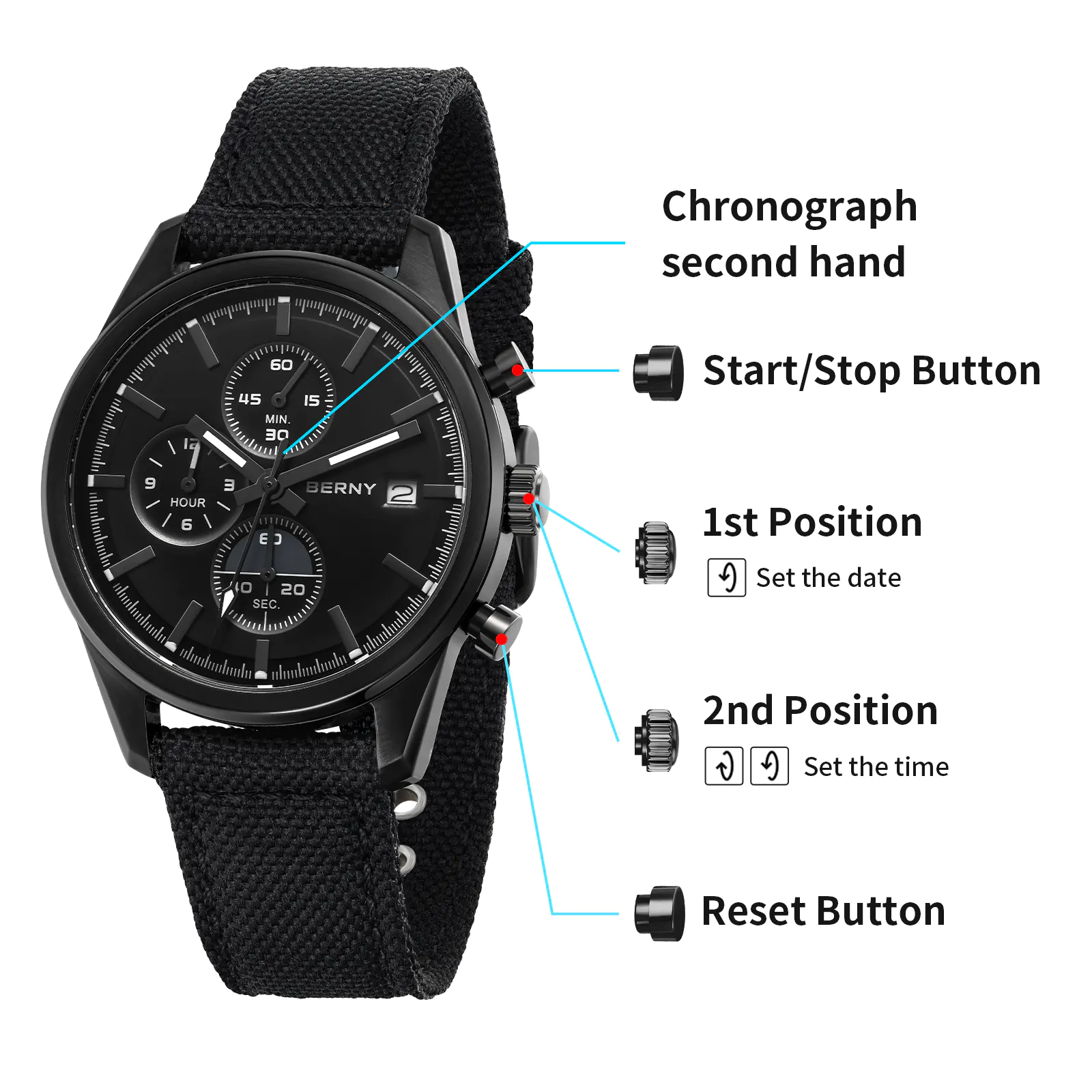 BERNY-Men Quartz Black Chronograph Watch-2826M-BLK - Image 8