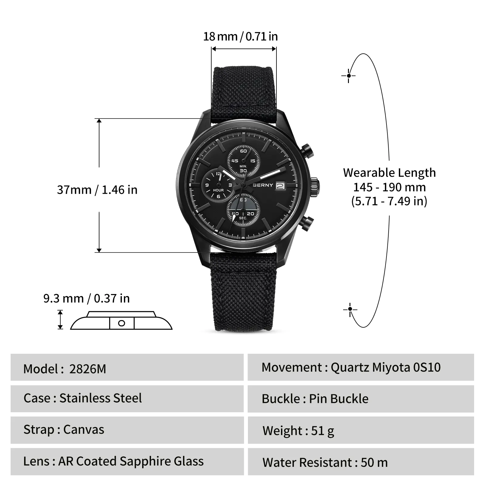BERNY-Men Quartz Black Chronograph Watch-2826M-BLK - Image 9