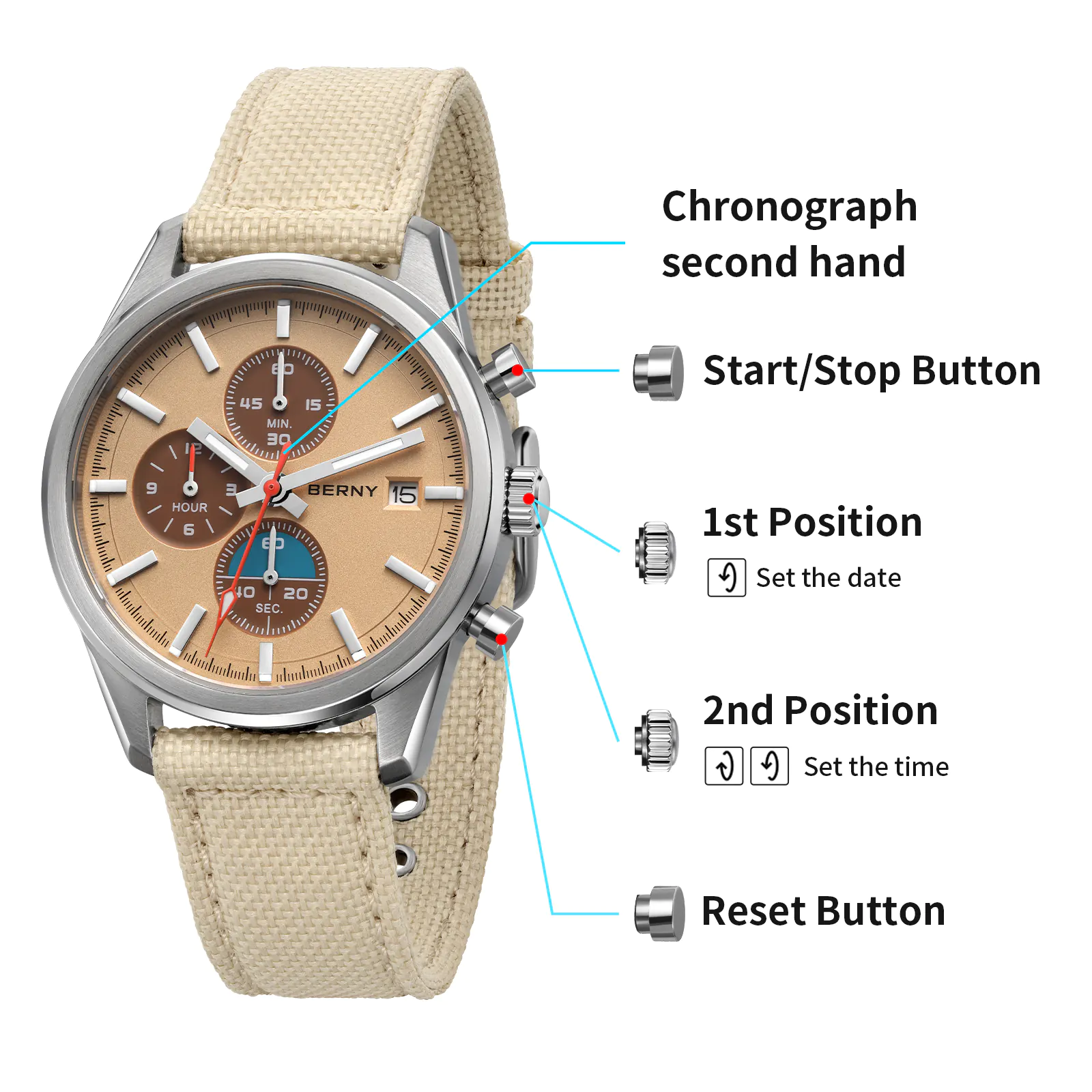 BERNY-Men Quartz Black Chronograph Watch-2826M-SAN - Image 8