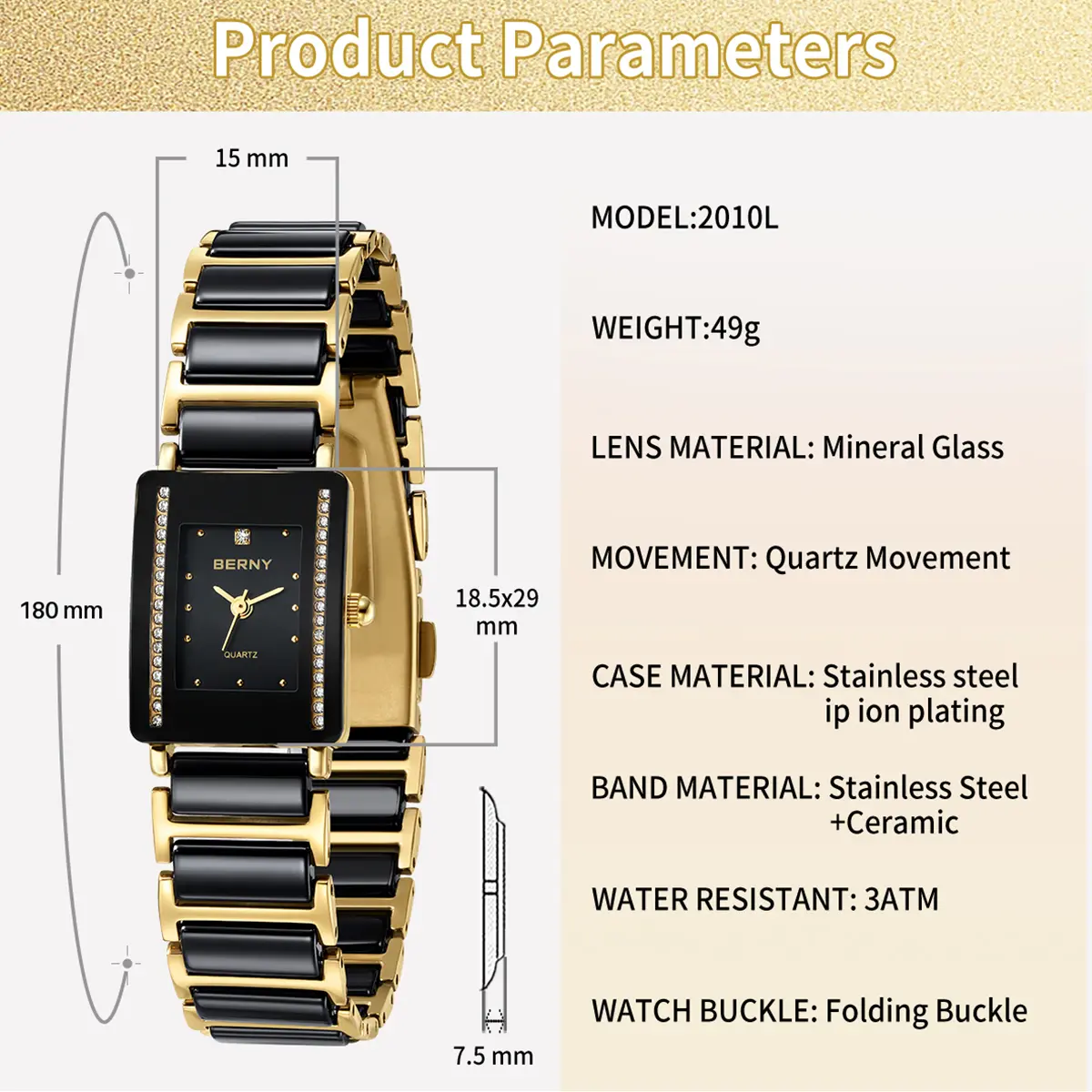 BERNY-Women Quartz Ceramic Gold Watch-2010L - Image 8