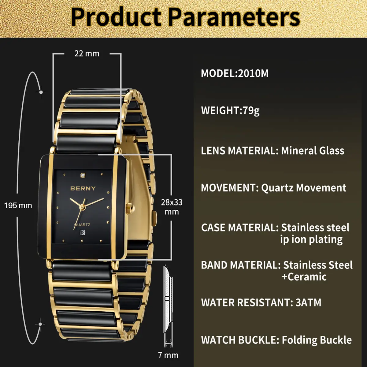 BERNY-Men Quartz Ceramic Gold Watch-2010M - Image 5