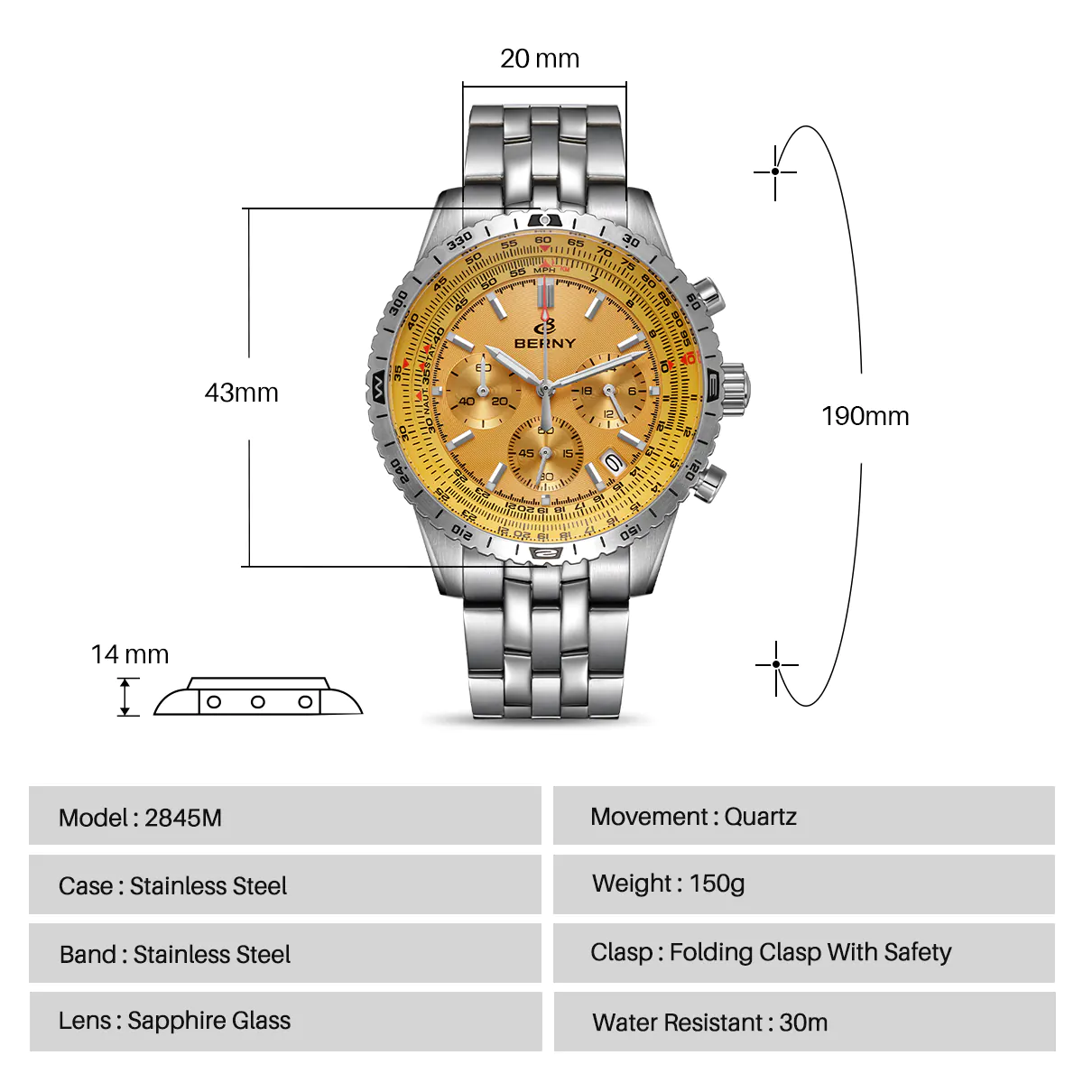 BERNY-Men Quartz Chronograph Field Watch-2845M - Image 5