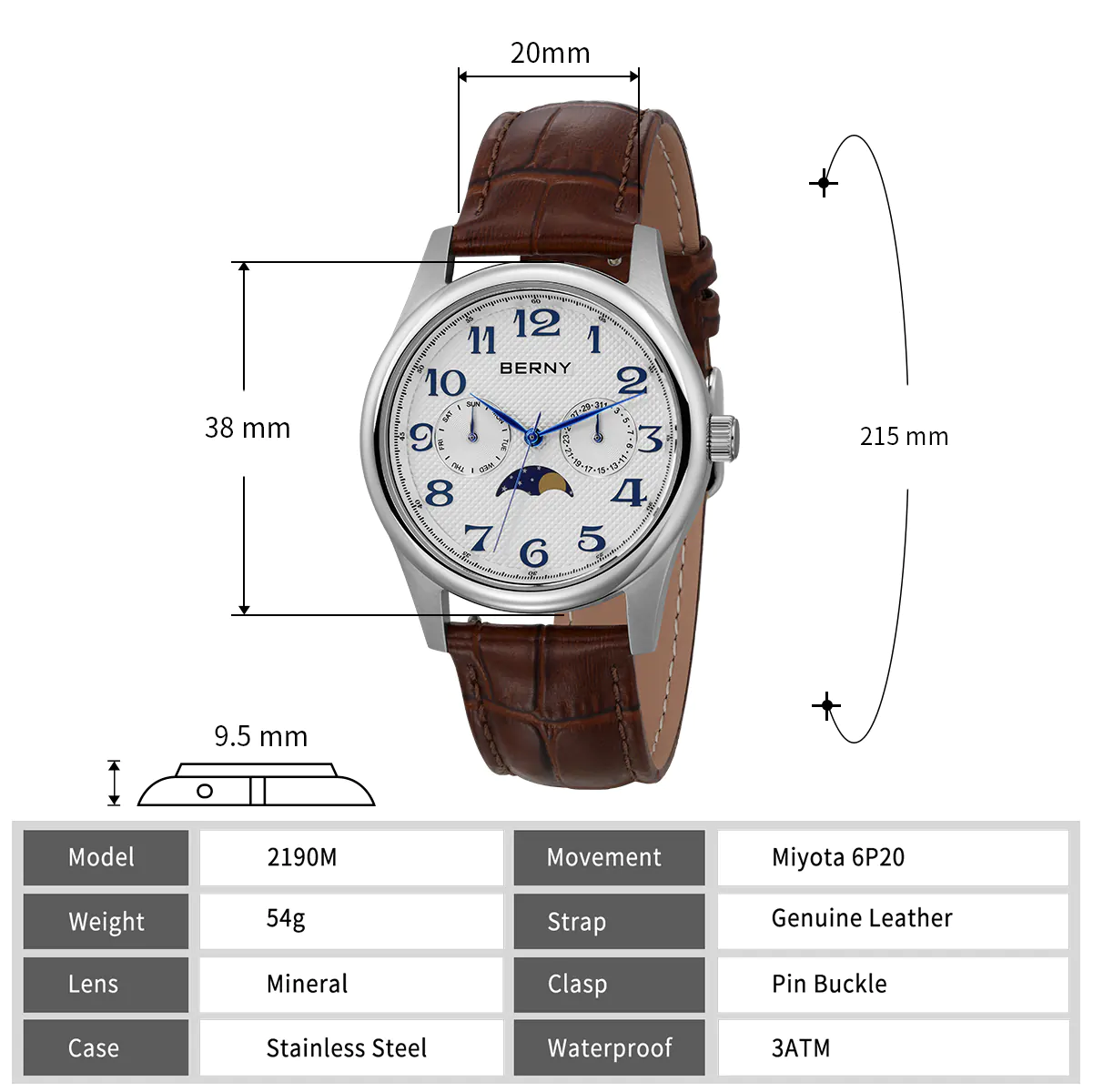 BERNY-Men Quartz Moonphase Watch-2190M - Image 5