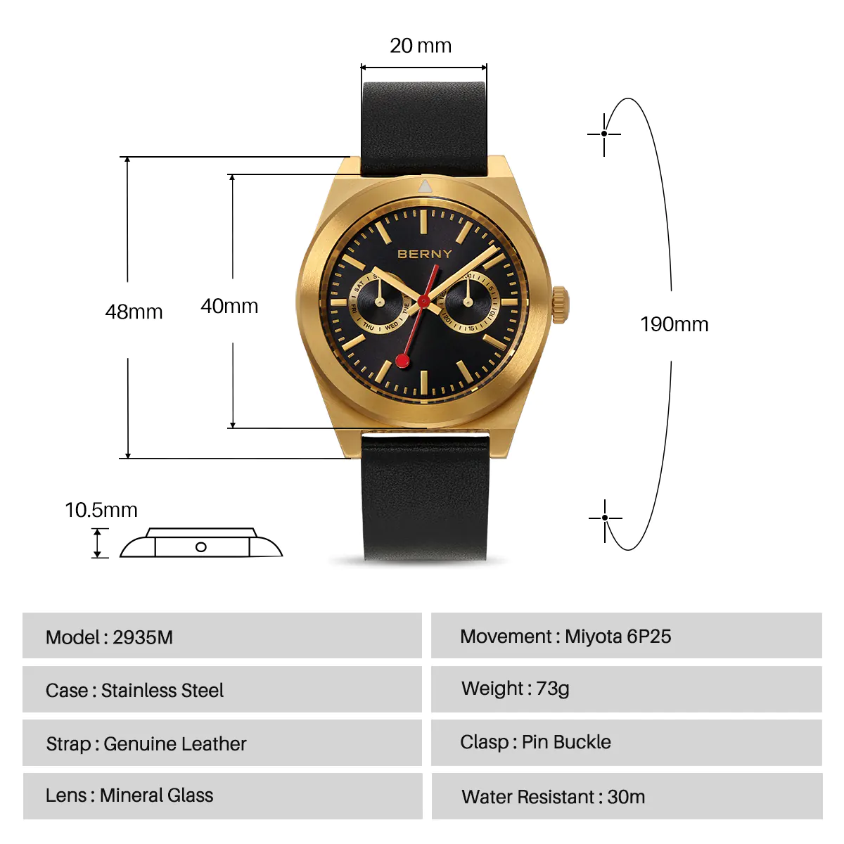 BERNY-Men Quartz Railway Watch-2935M - Image 6