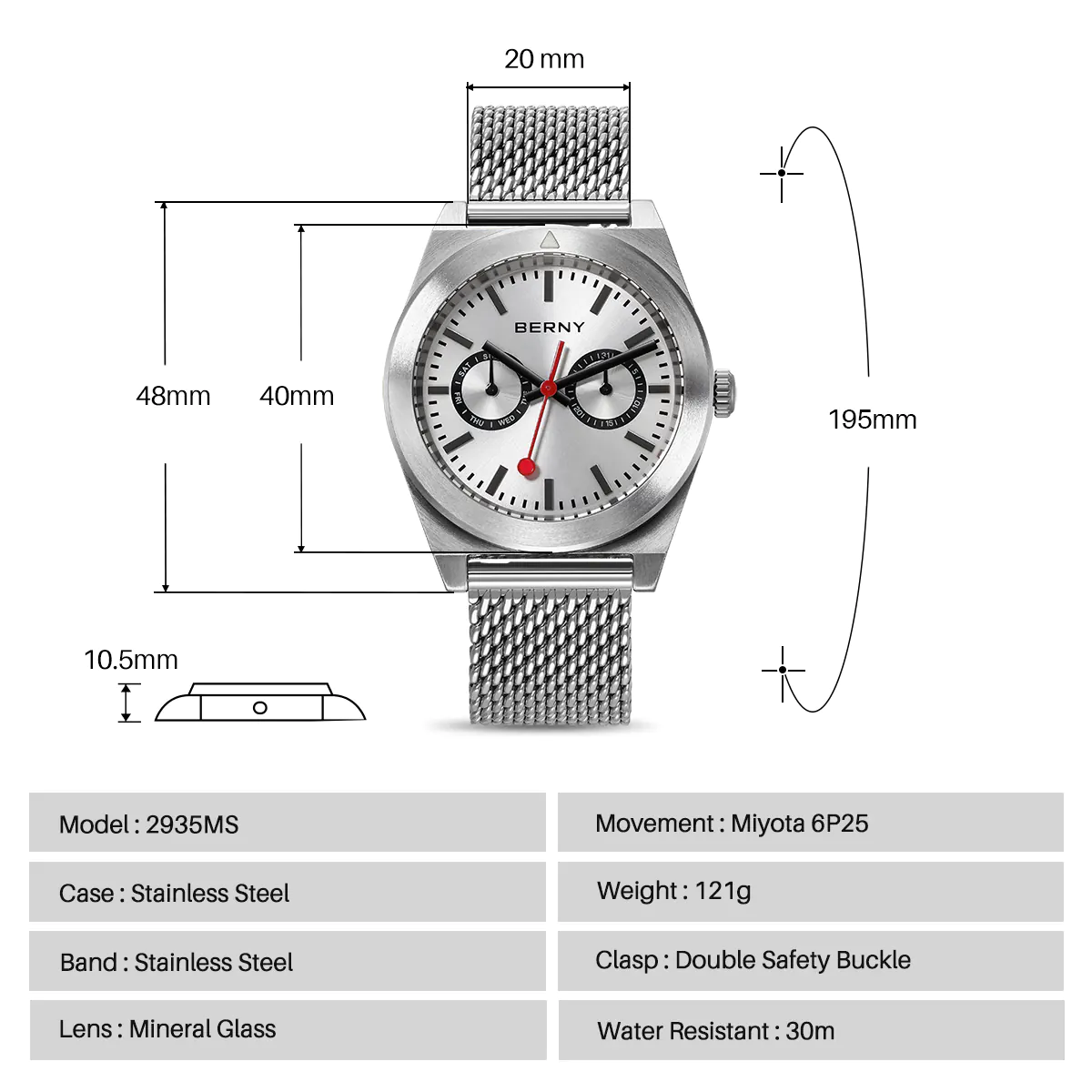 BERNY-Men Quartz Railway Watch-2935MS - Image 6