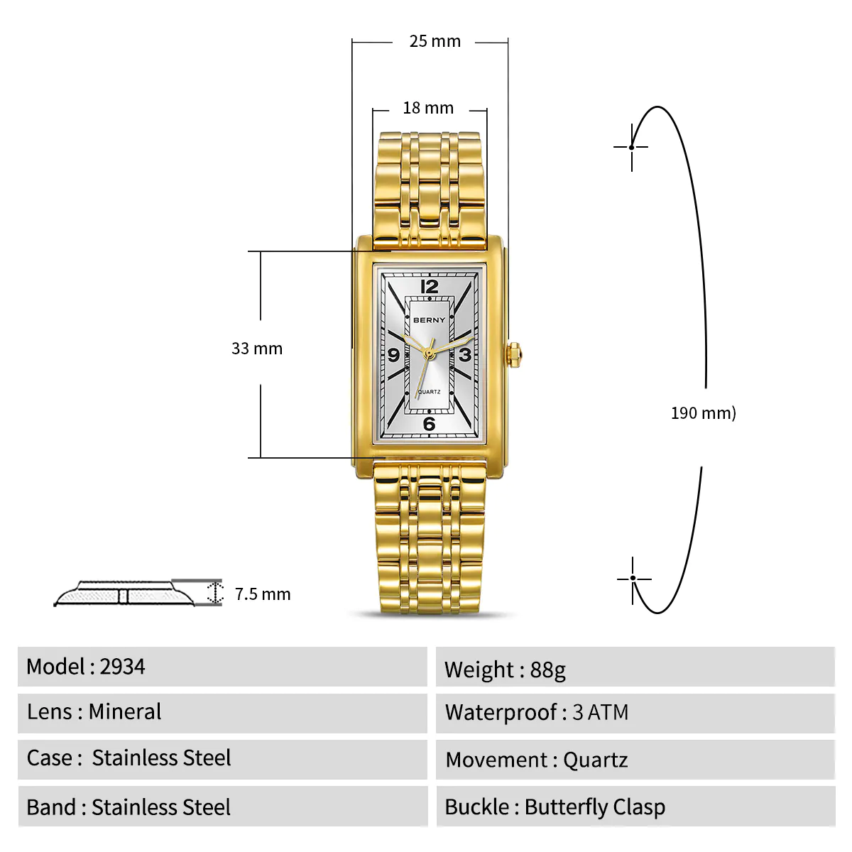 BERNY-Men Quartz Square Gold Watch-2934 - Image 4