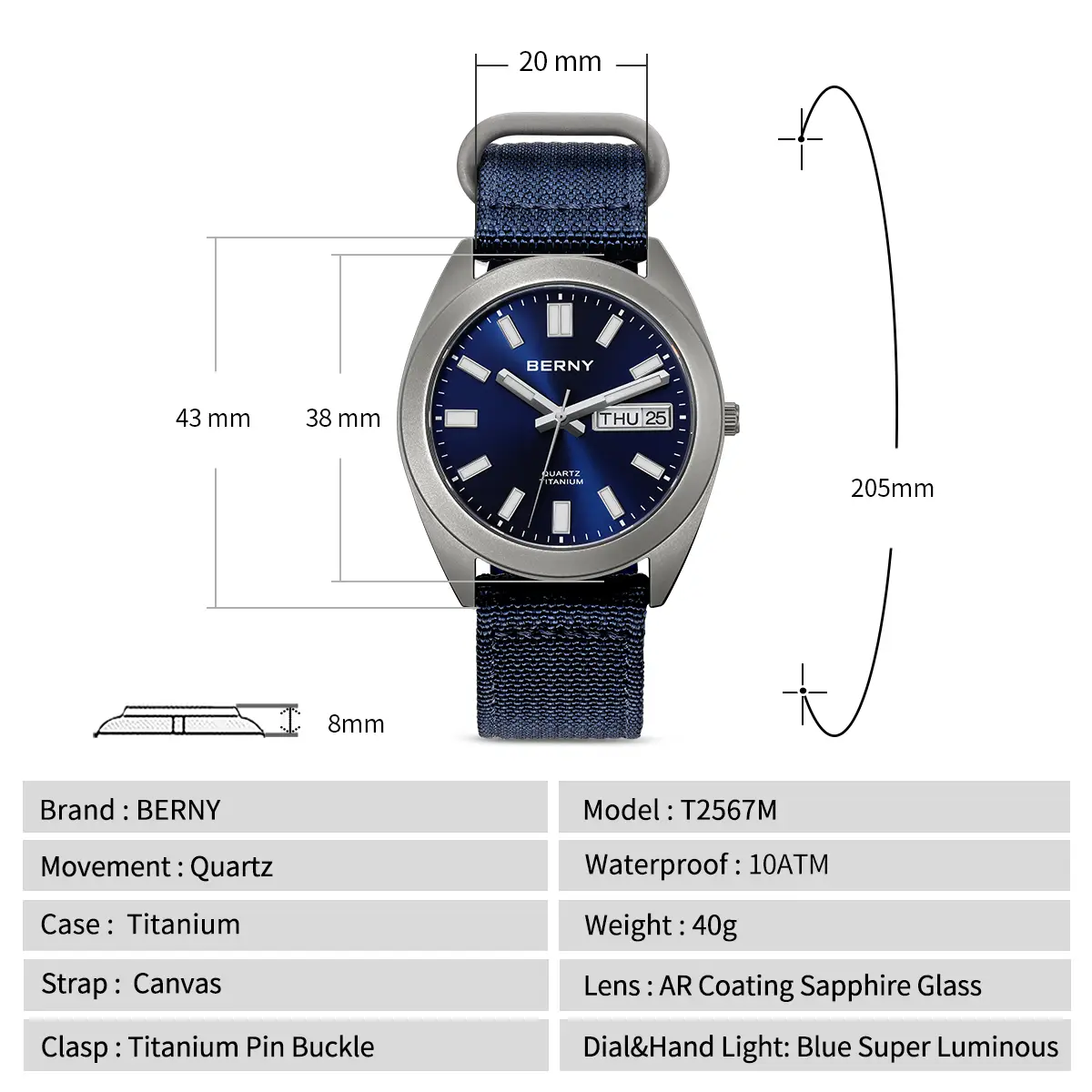 BERNY-Men Quartz Titanium Dress Watch-T2567M - Image 9