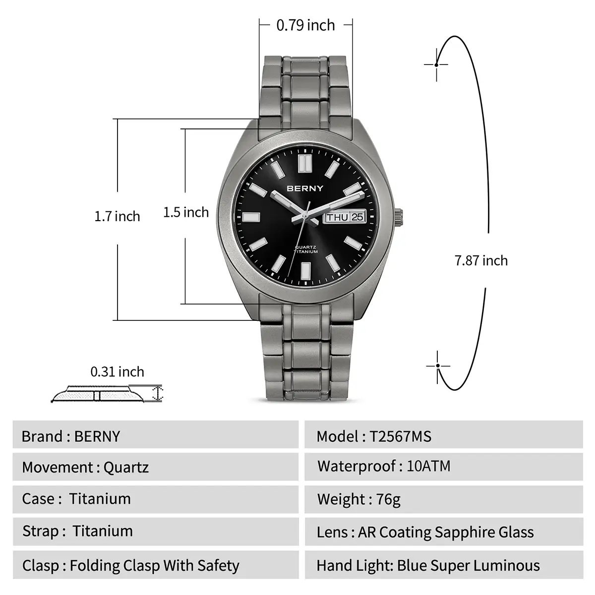 BERNY-Men Quartz Titanium Dress Watch-T2567MS - Image 8