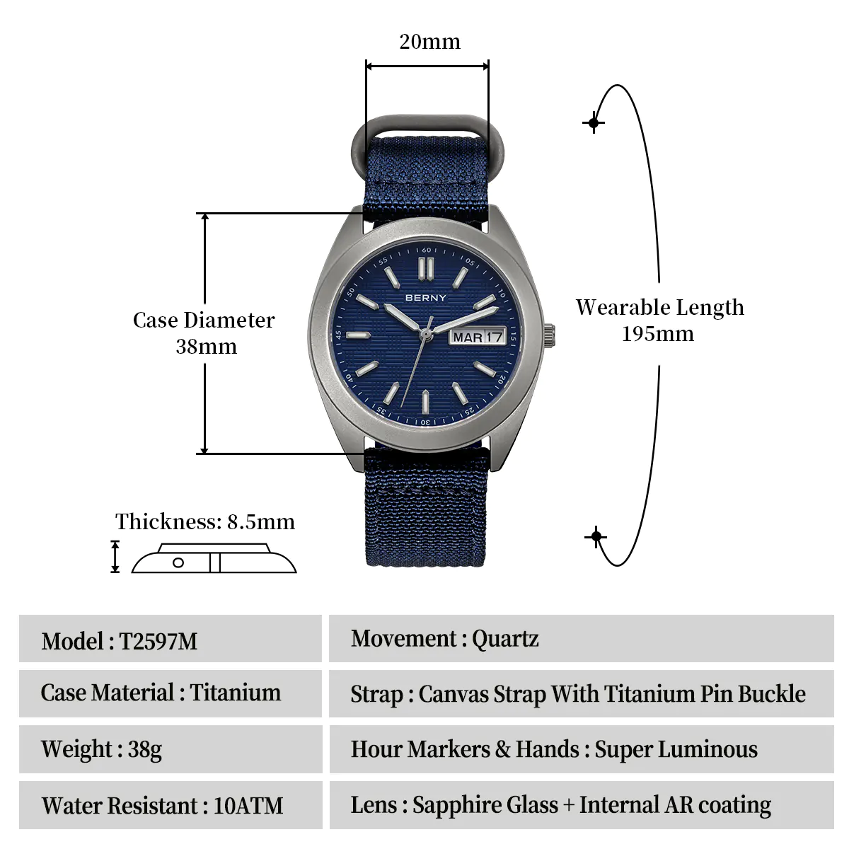 BERNY-Men Quartz Titanium Dress Watch-T2597M - Image 6