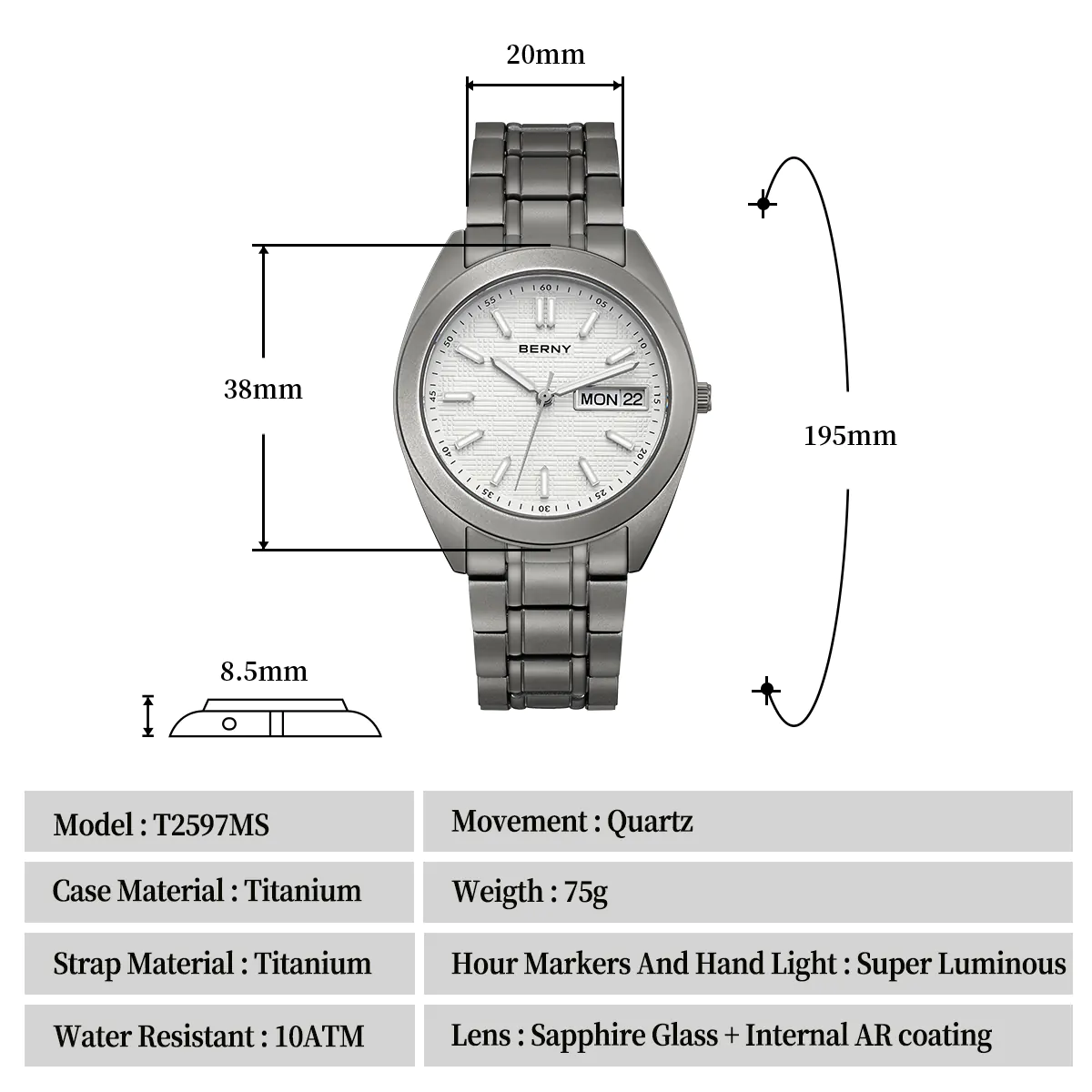 BERNY-Men Quartz Titanium Dress Watch-T2597MS - Image 6