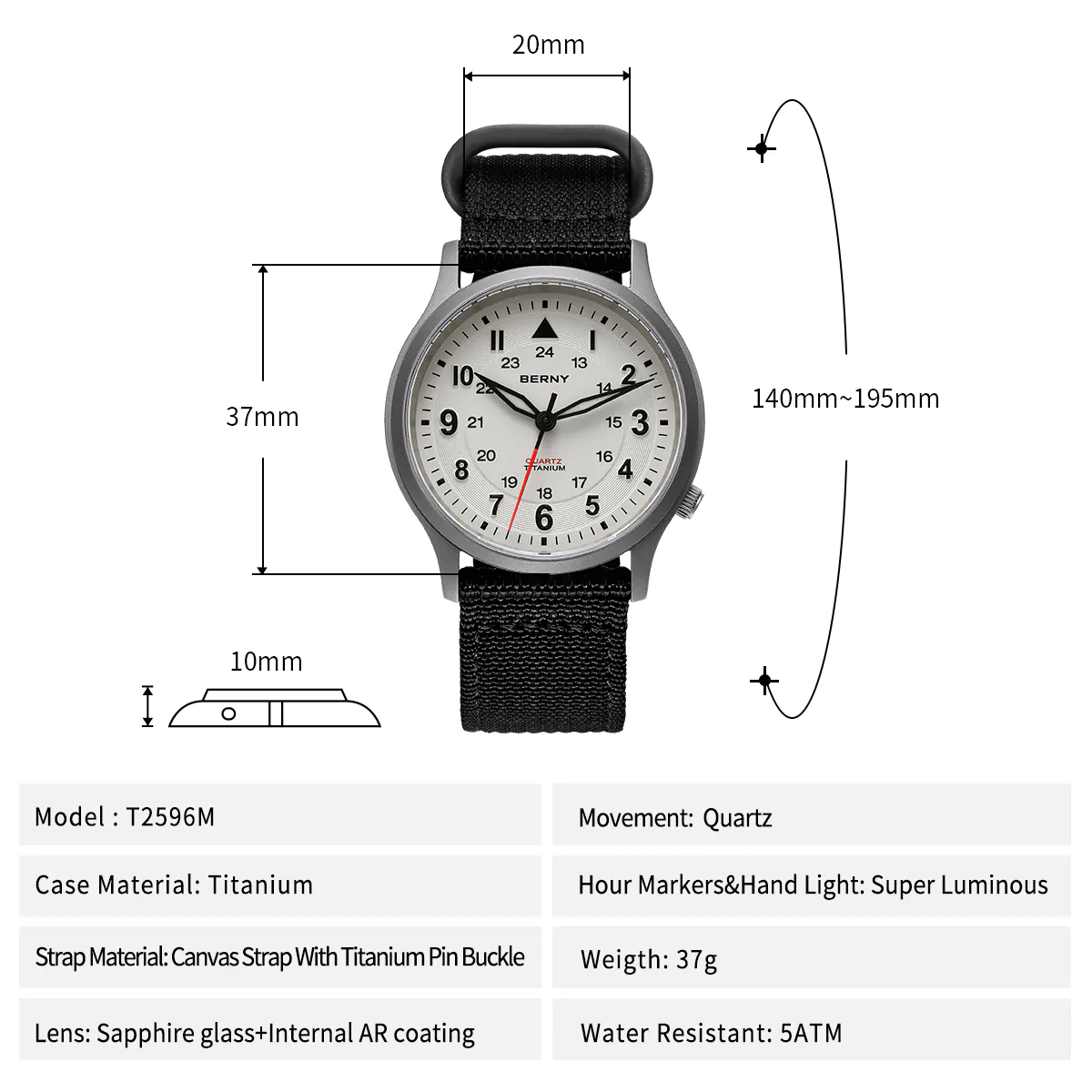 BERNY-Men Quartz Titanium Field Watch-T2596M - Image 7