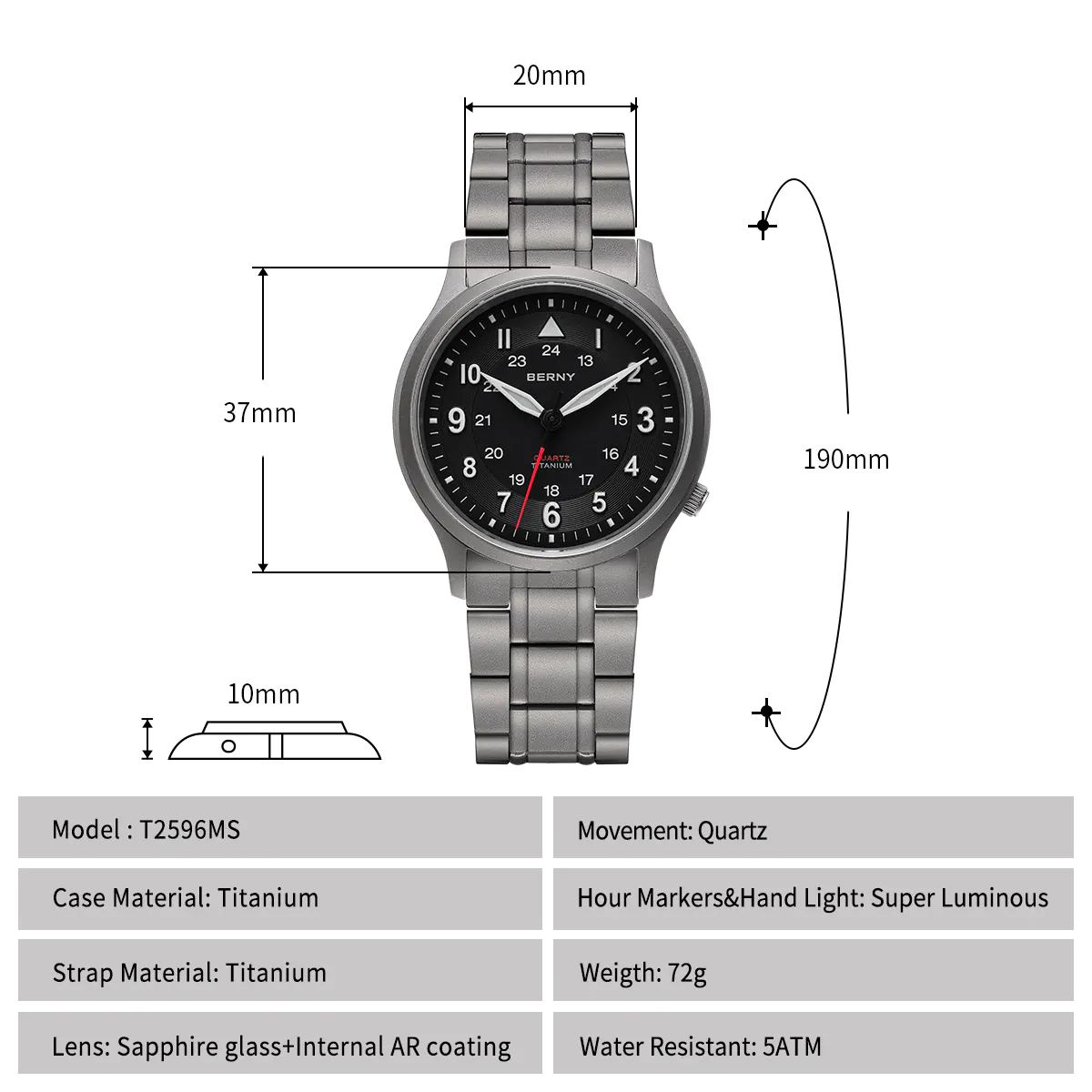 BERNY-Men Quartz Titanium Field Watch-T2596MS - Image 7