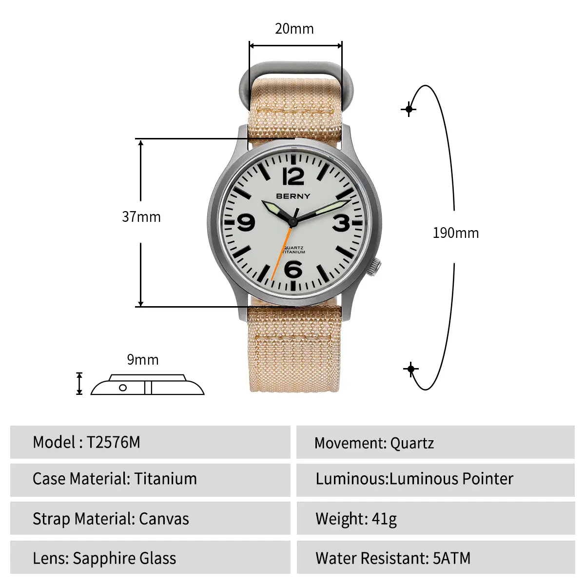 BERNY-Men Quartz Titanium Field Watch V2-T2576M - Image 8