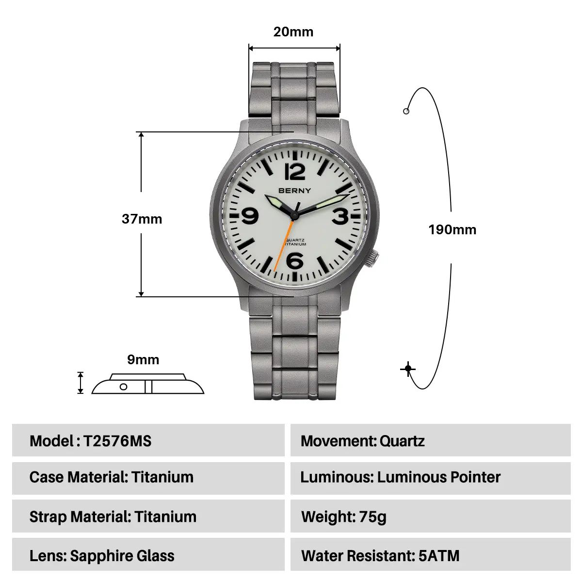 BERNY-Men Quartz Titanium Field Watch V2-T2576MS - Image 8