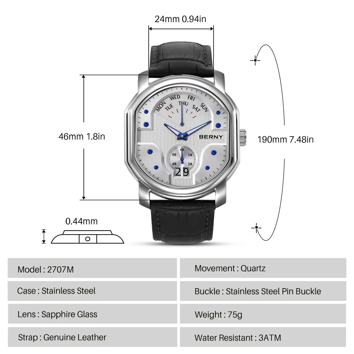 BERNY-Men Quartz Tonneau Classic Watch-2707M - Image 6