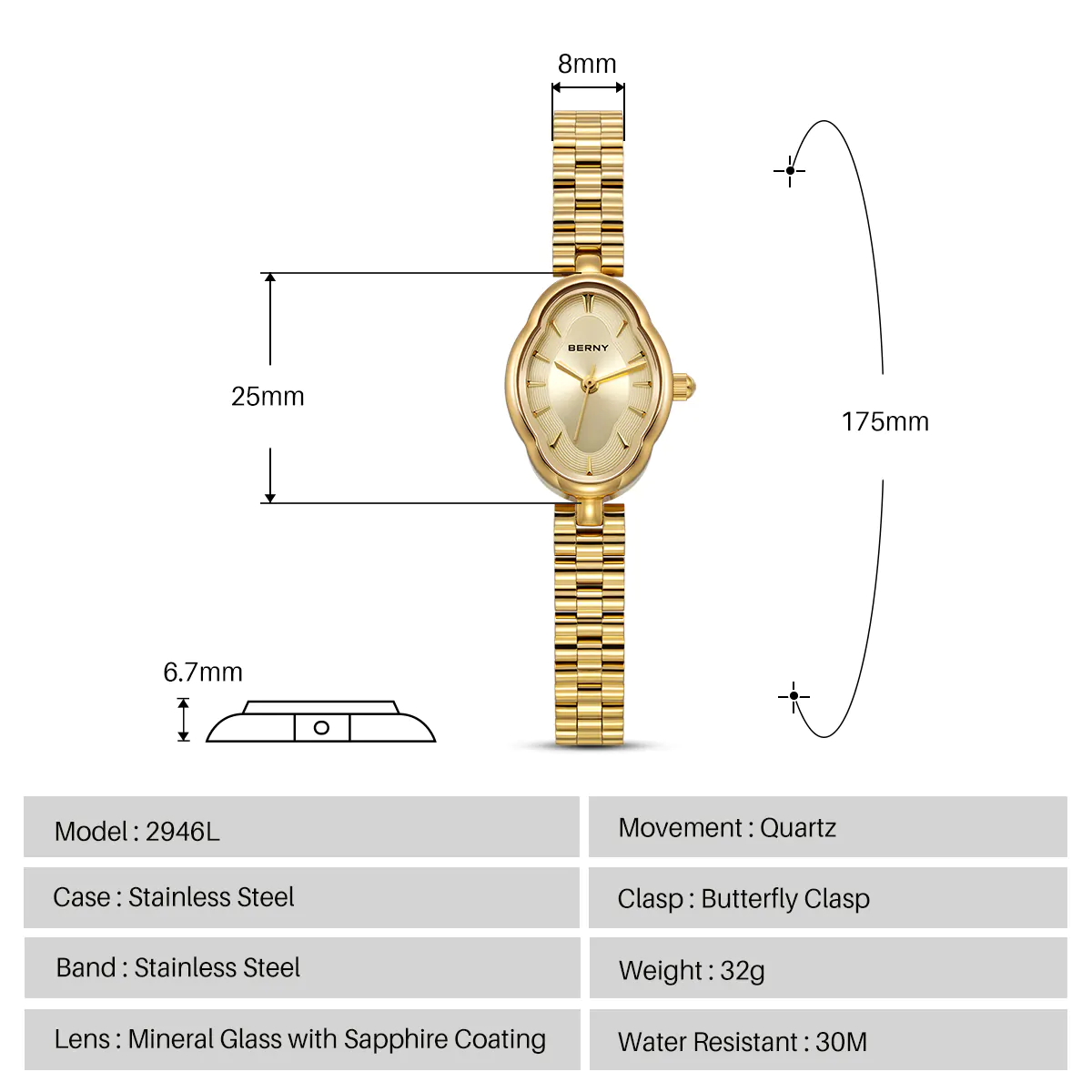 BERNY-Women Quartz Dress Gold Watch-2946L - Image 4
