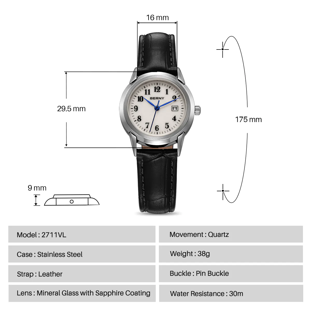 BERNY-Women Quartz Dress Watch-2711VL - Image 9