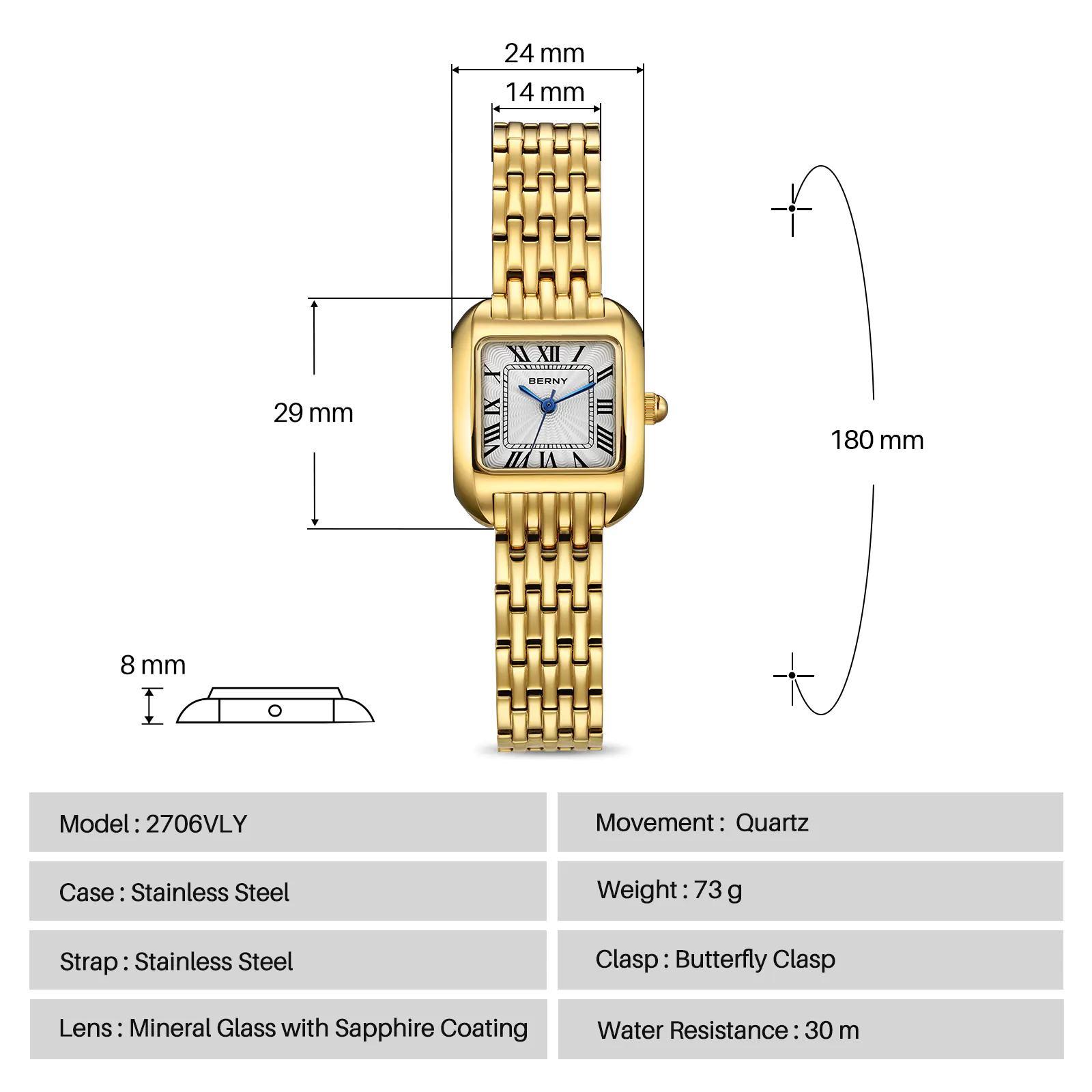 BERNY-Women Quartz Gold Watch-2706VLY - Image 6