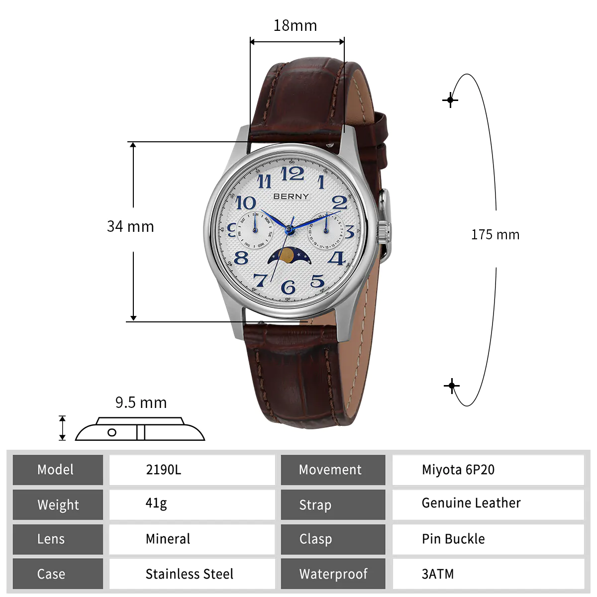 BERNY-Women Quartz Moonphase Watch-2190L - Image 5