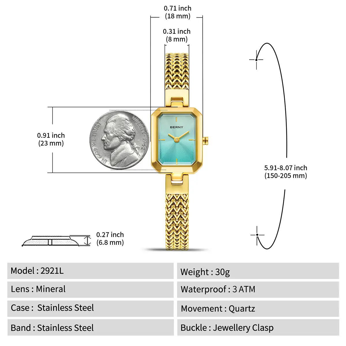 BERNY-Women Quartz Square Gold Watch-2921L - Image 10