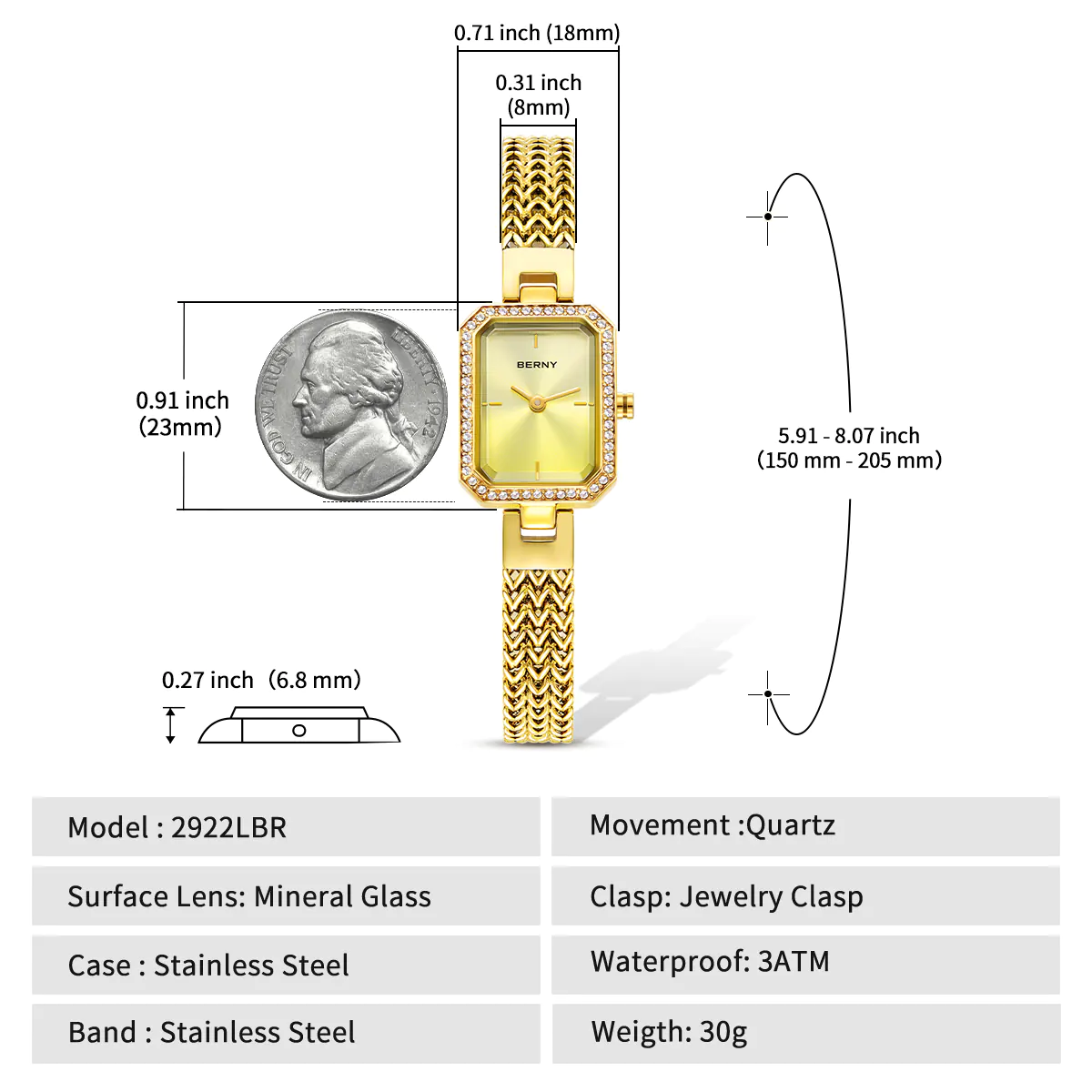 BERNY-Women Quartz Square Gold Watch-2922L - Image 6