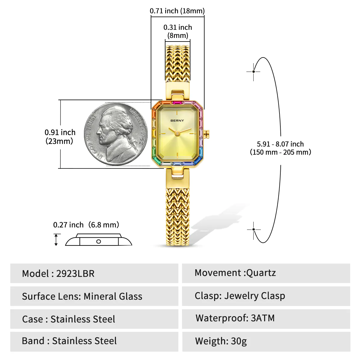 BERNY-Women Quartz Square Gold Watch-2923L - Image 4