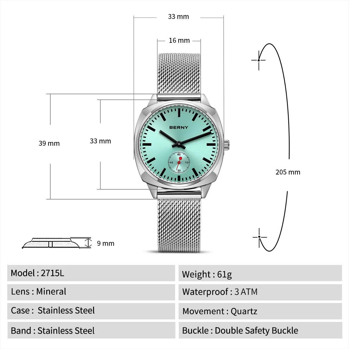 BERNY-Women Quartz Square Watch-2715L - Image 9