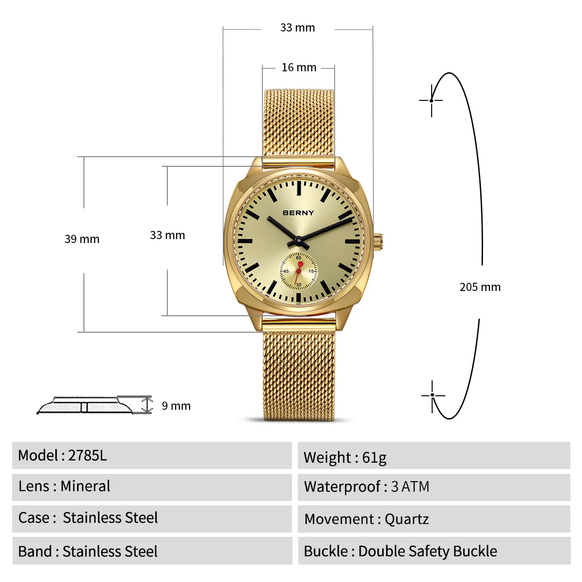 BERNY-Women Quartz Square Watch-2785L - Image 9
