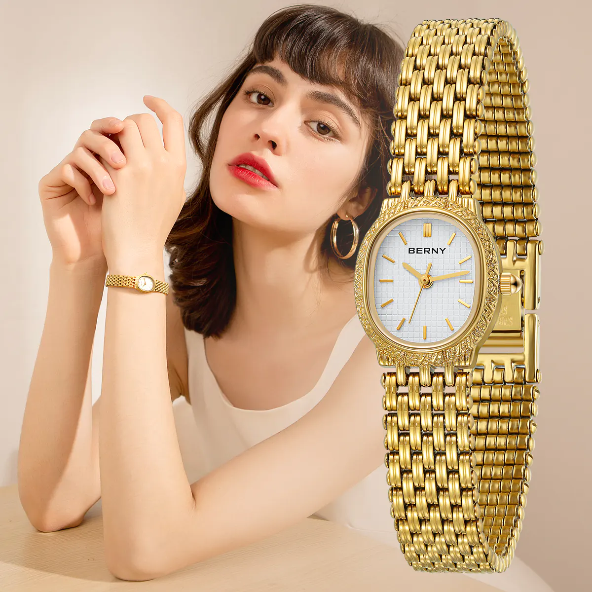 BERNY-Women Quartz Tonneau Gold Watch-2146L - Image 10