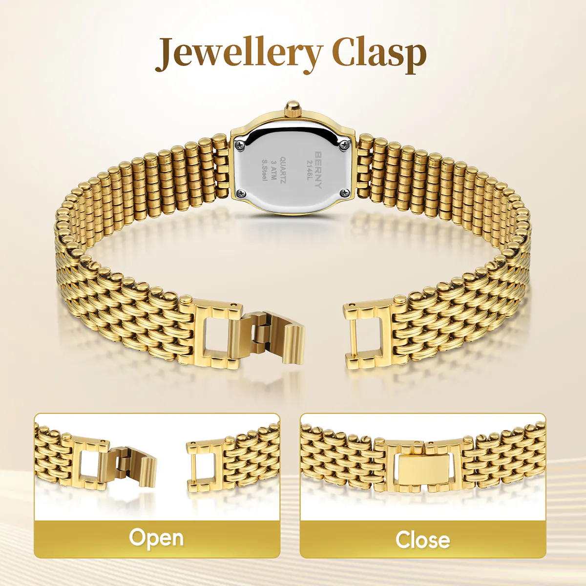 BERNY-Women Quartz Tonneau Gold Watch-2146L - Image 5